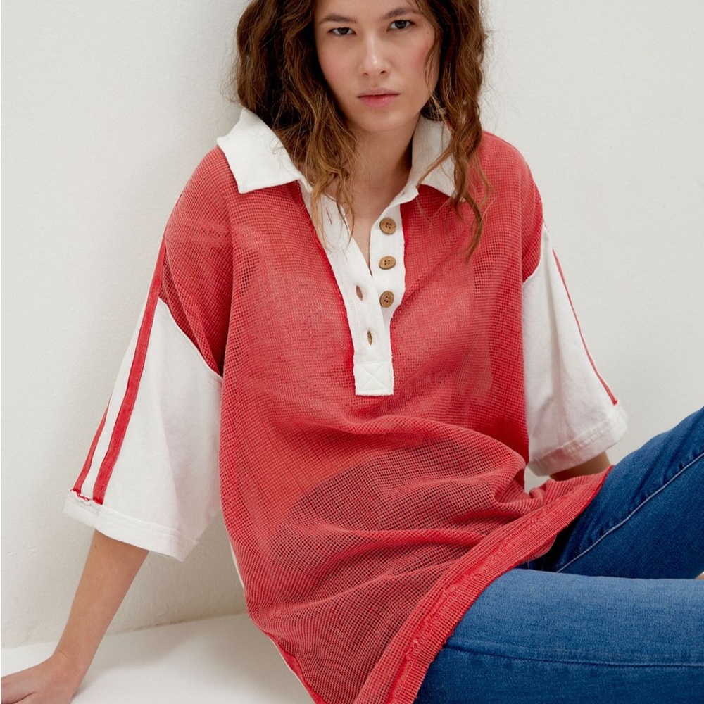 Free People Red and White Button Down Shirt Karlie polo medium oversized top